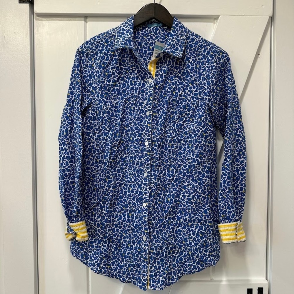J. McLaughlin Womens Lois Blouse Size XS Button Down Shirt White Blue Yellow NEW